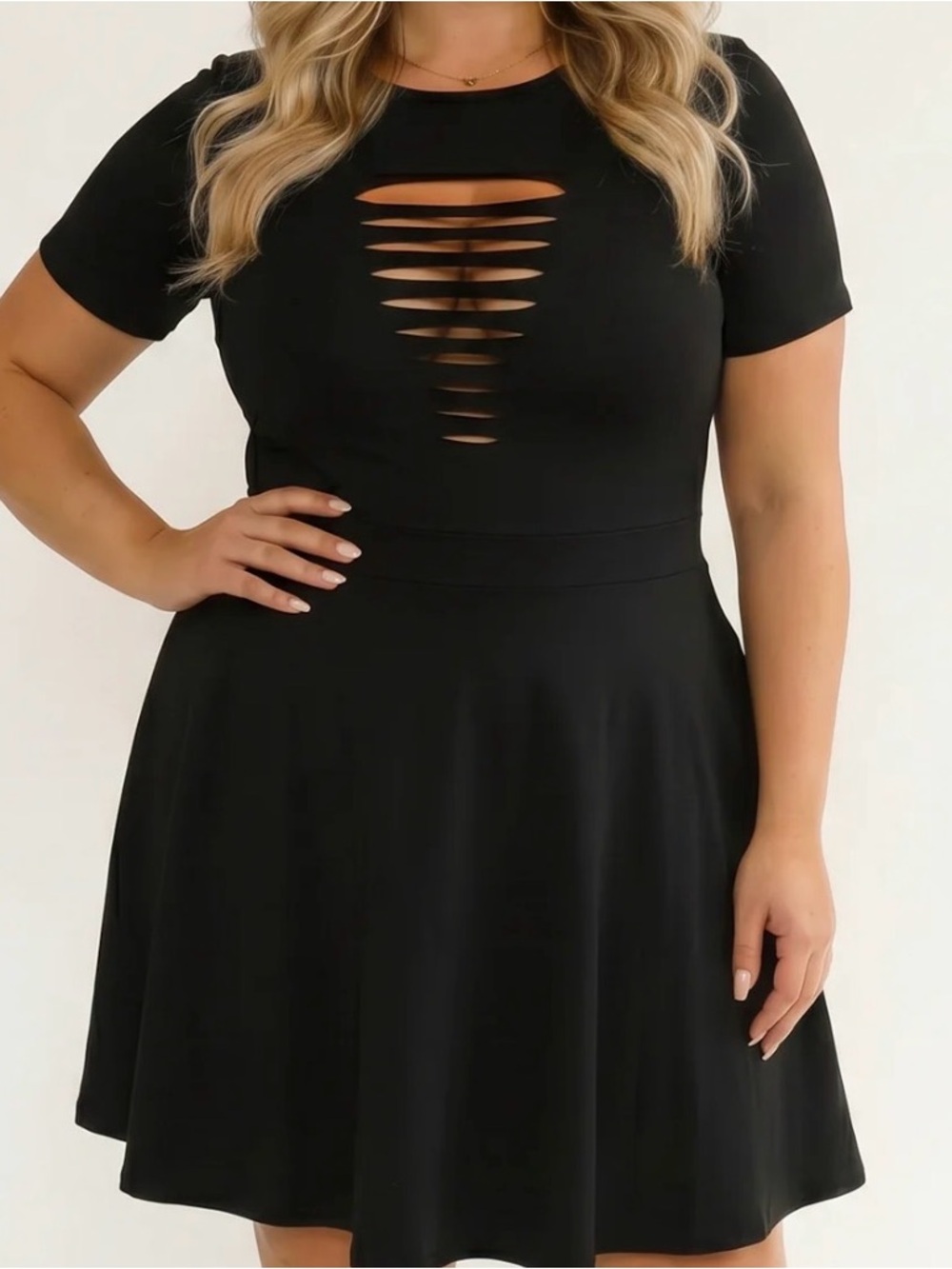 Women's Black Distressed Cutout Short Sleeve Fit and Flare Dress w/ pockets NEW